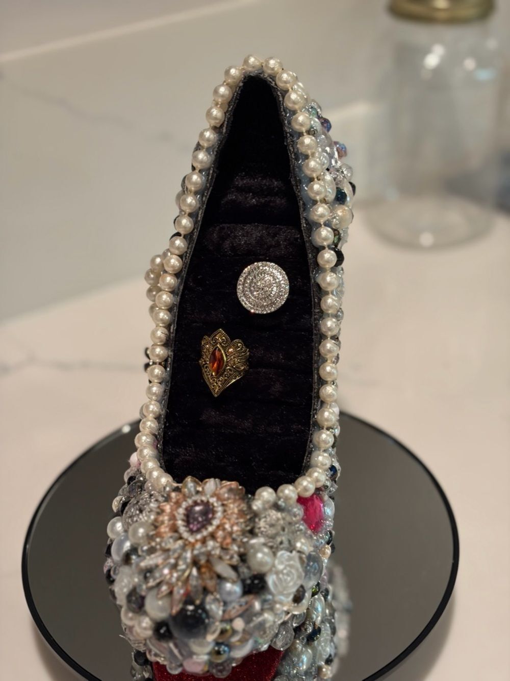 Jeweled Pearl and Crystal Stiletto High Heel Pump - Ring Holder - Picture 2 of 10